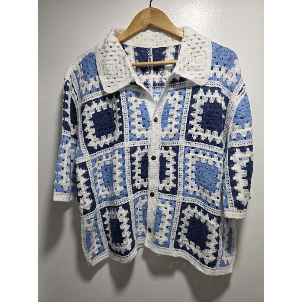 Manfinity Mens Shirt Crochet Hollow Out Short Sleeve Knit Cardigan Size M